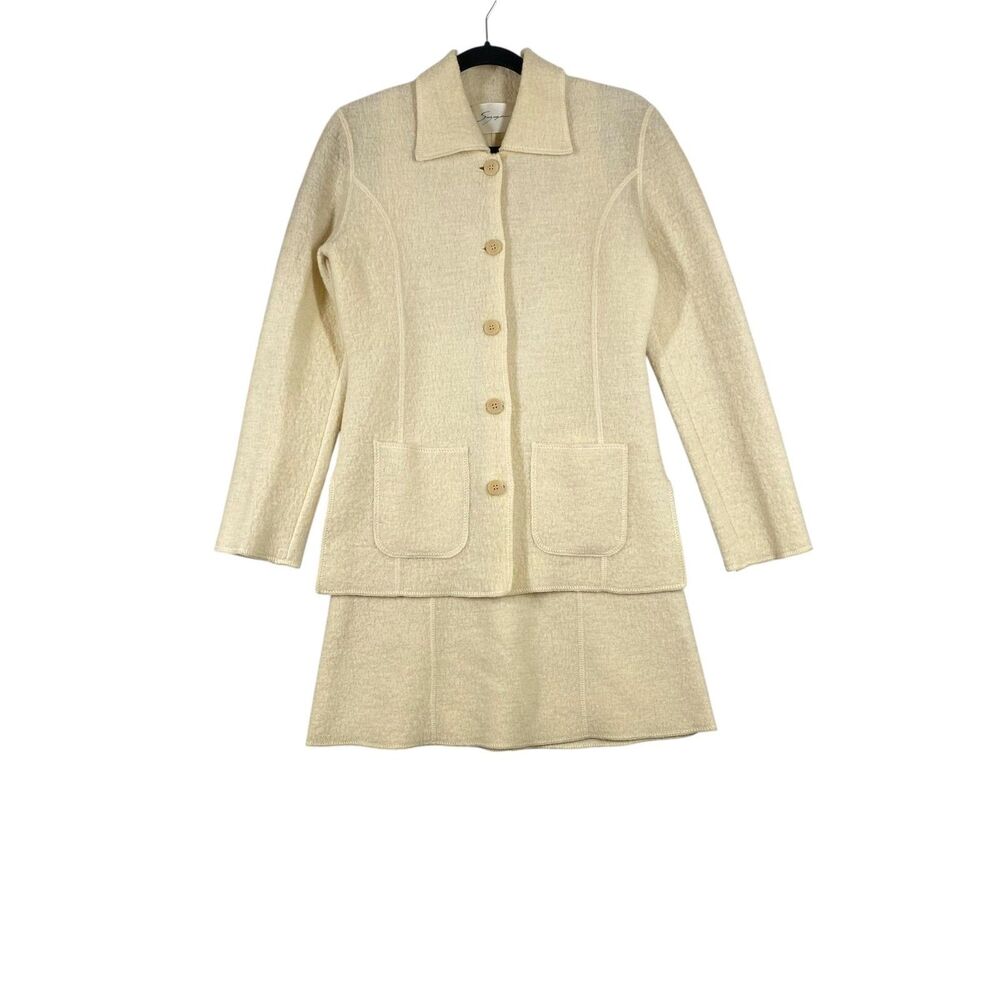 VTG SUZUYA Dress Jacket Set Womens Medium Cream Textured Knit Button Front Suit